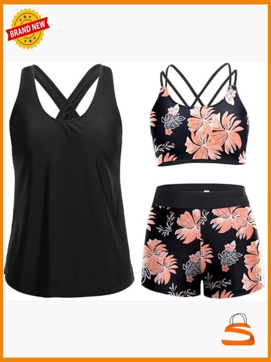 Other - 3 Piece Tankini with Bra Top and Boy Shorts Tummy Control Swimsuit